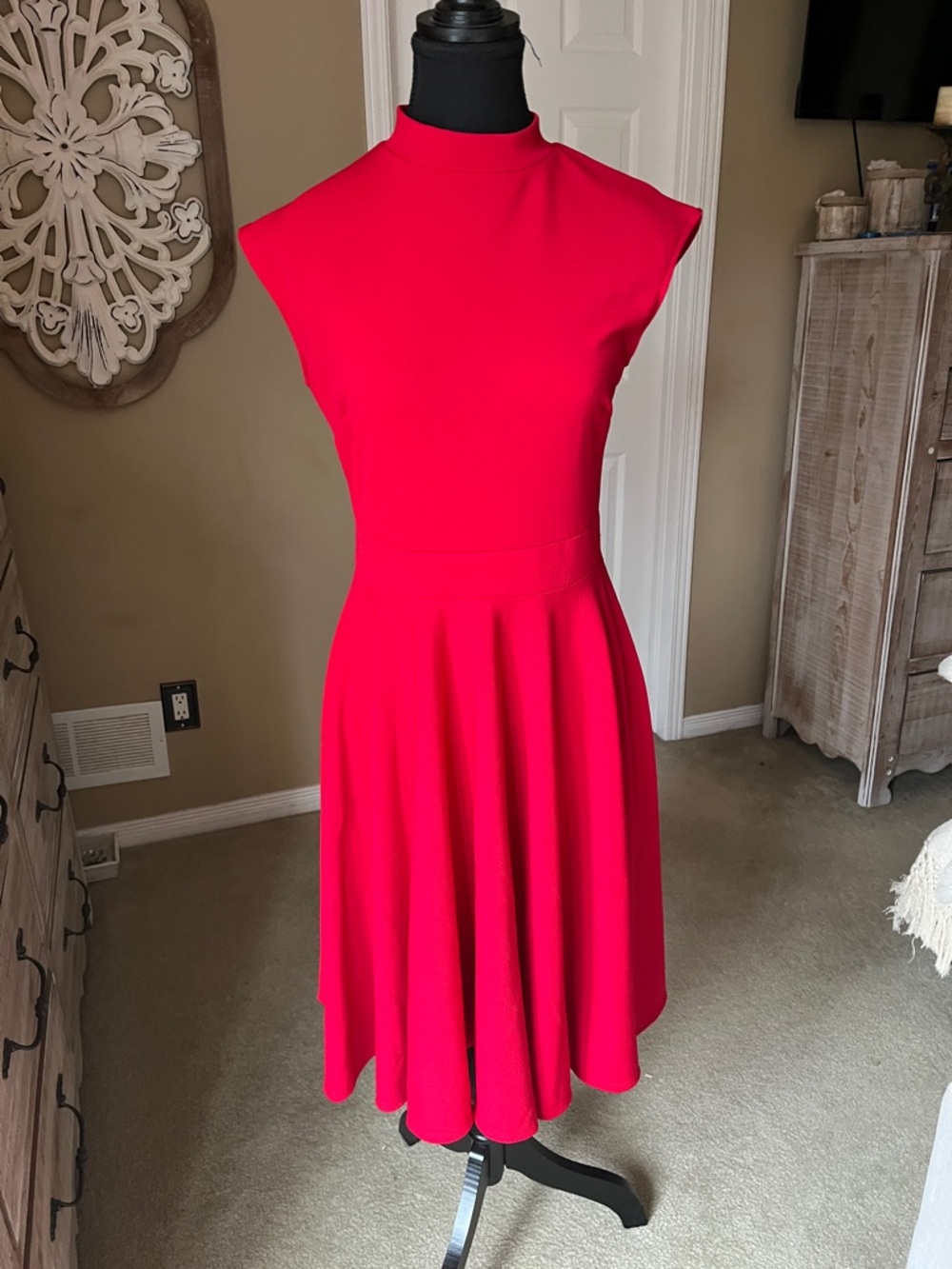 Elegant Red Fit-and-Flare Dress - Sleeveless High Neck